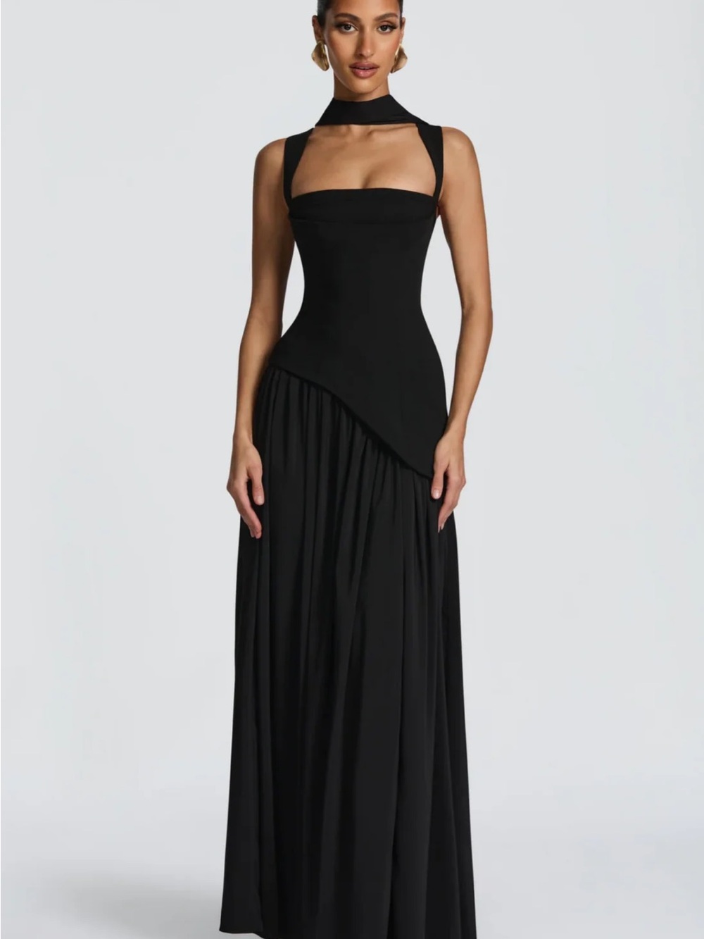NWT SIDONIE MISS ROSIER Black Square Neck Maxi Dress w Scarf